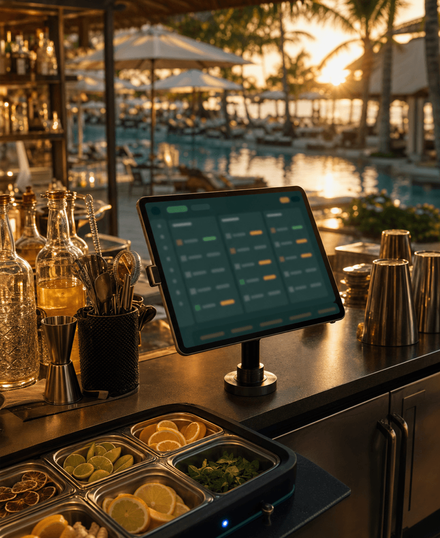 A pool bar team managing live Sunhail orders on a tablet